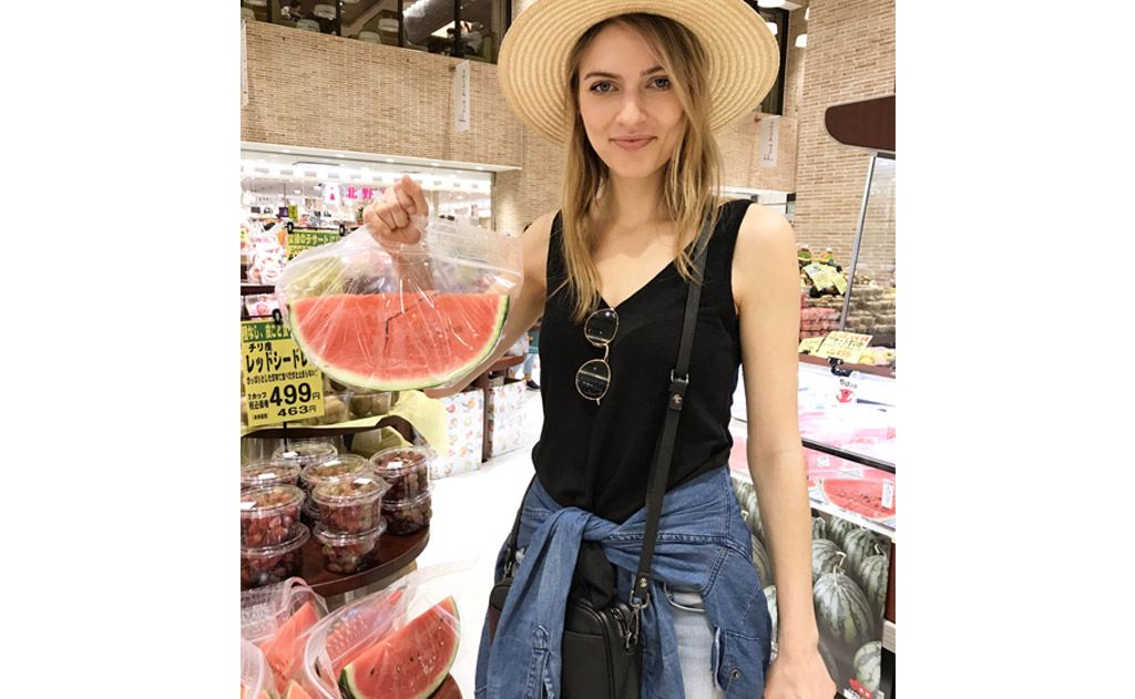 Individually wrapped wedge of watermelon.